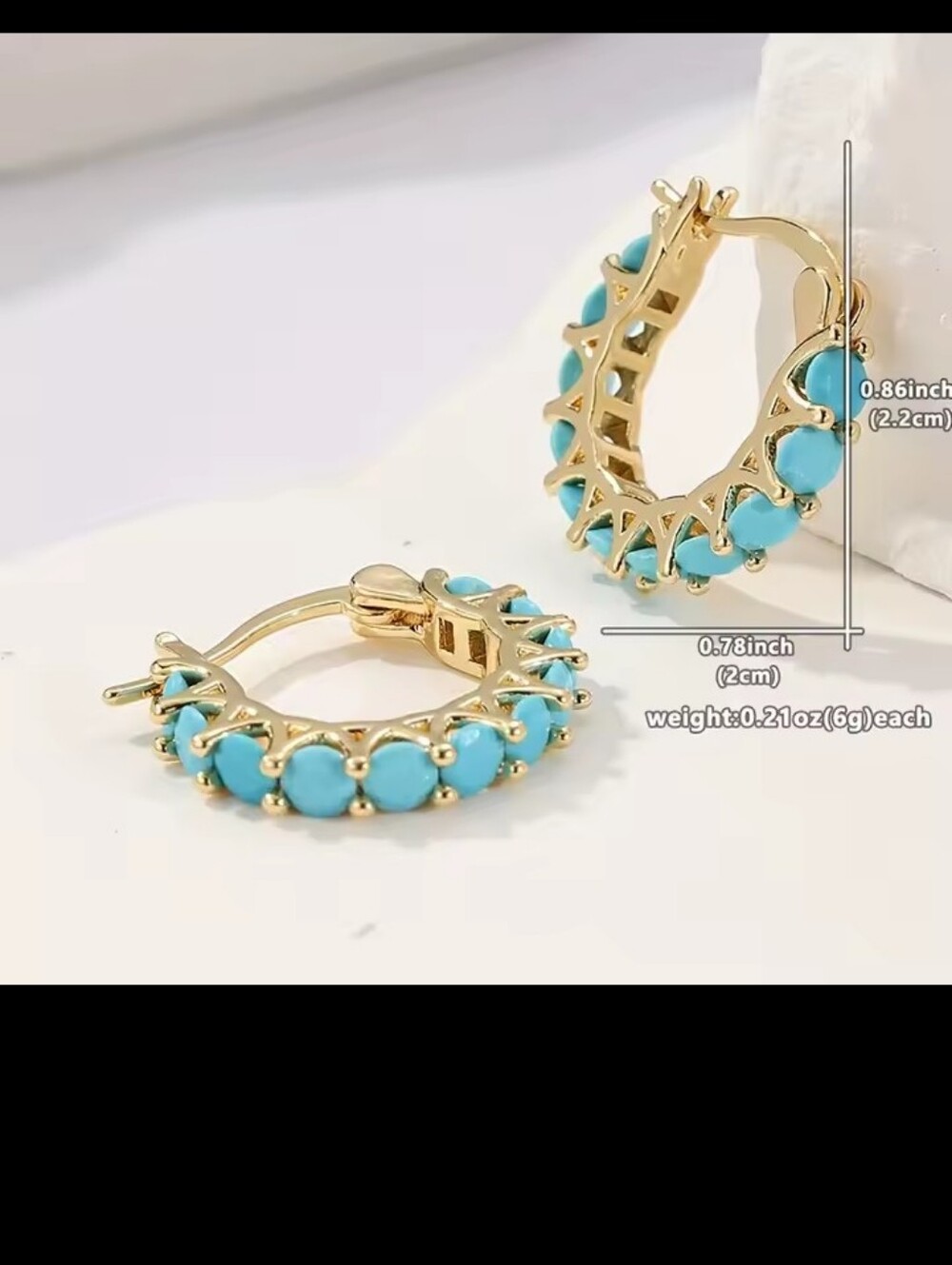 Gold Hoop Earrings with Turquoise Women's New G19 - Picture 4 of 4